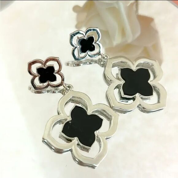Silver & Gold Quatrefoil Clover Dangle Earrings - Picture 1 of 2